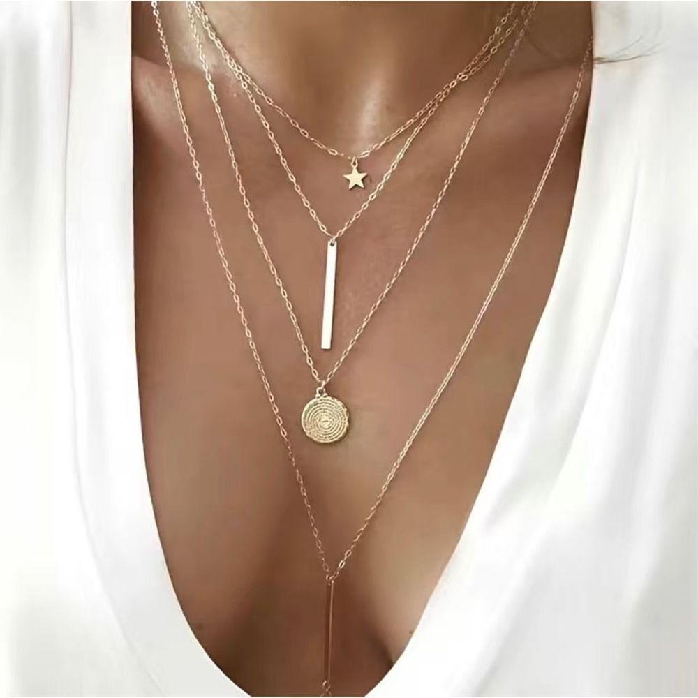 Star Bar Medallion Multi-layer Necklace 18K Gold Plated